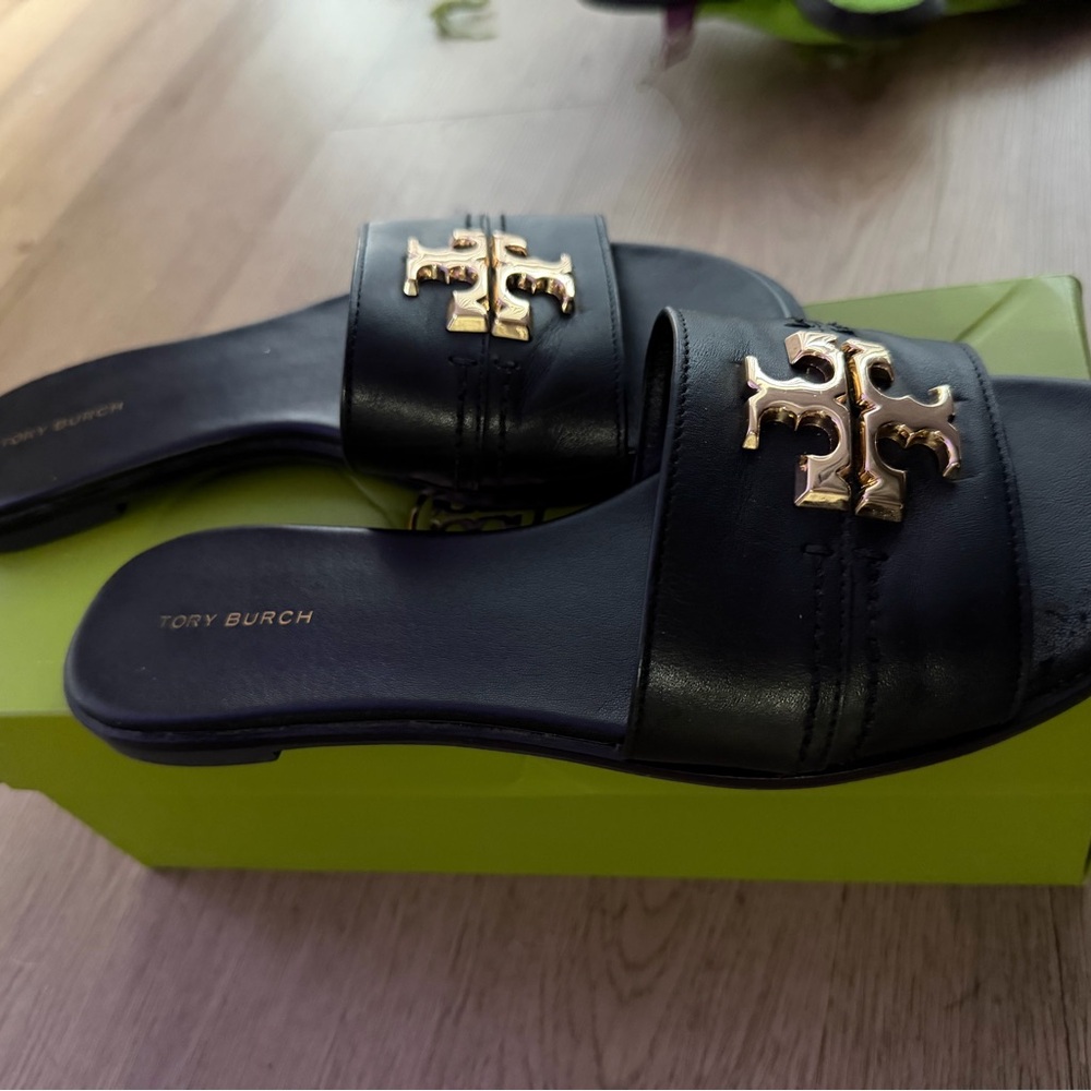Tory Burch Black Leather Slide Mules with Gold Logo